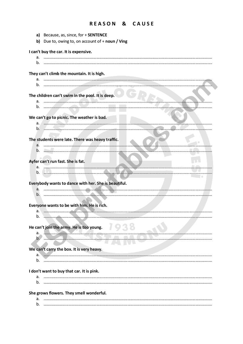 reason and cause exercises worksheet