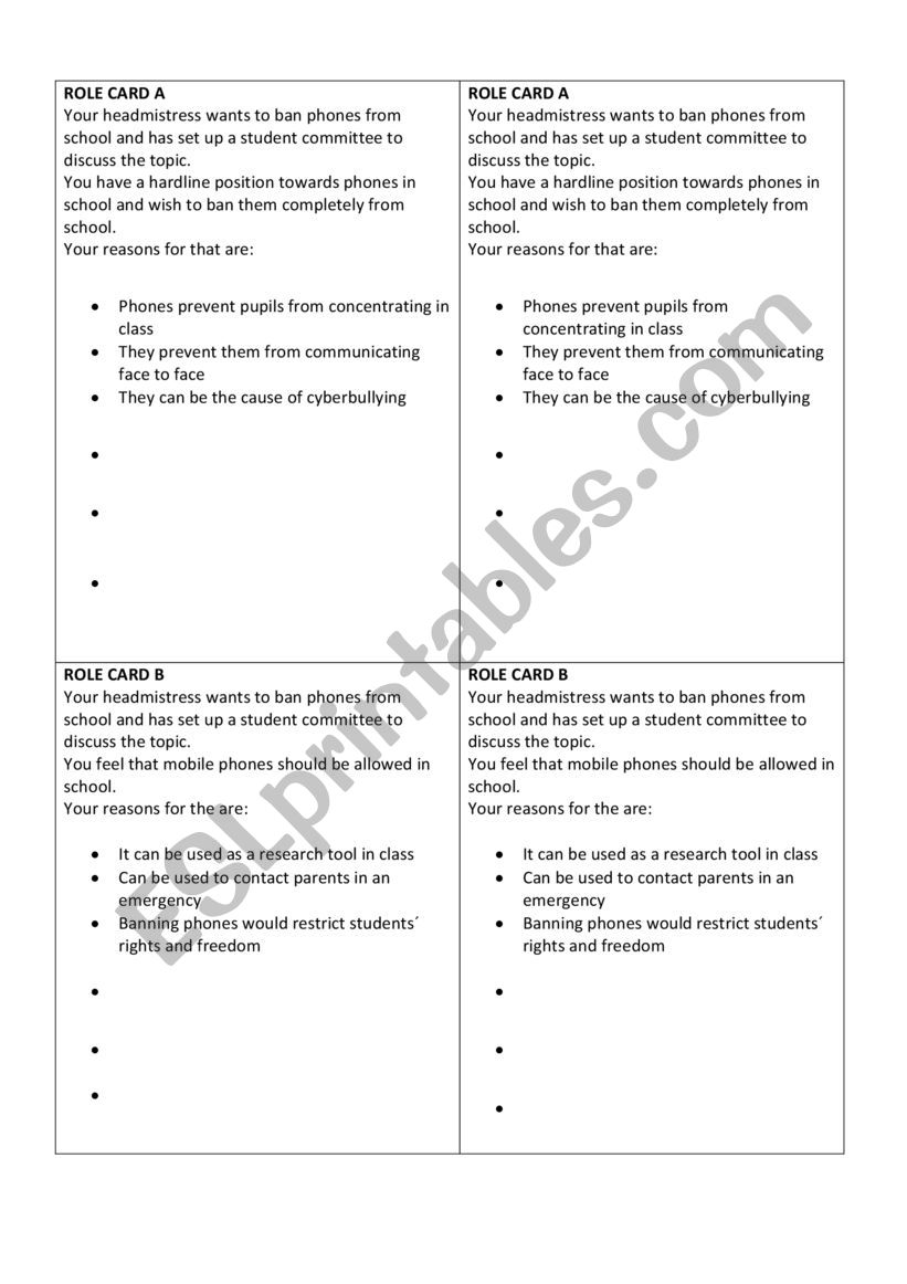 Debate on phones at school  worksheet