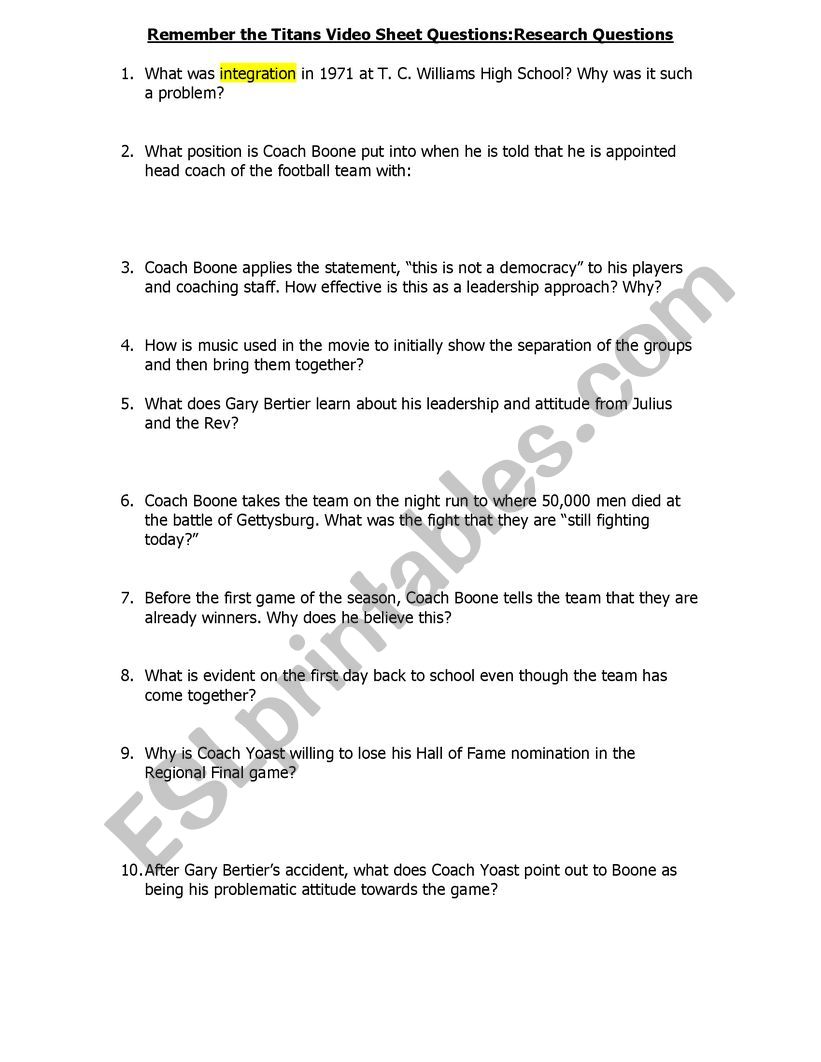 Remember The Titans Questions ESL Worksheet By Jhilditch1