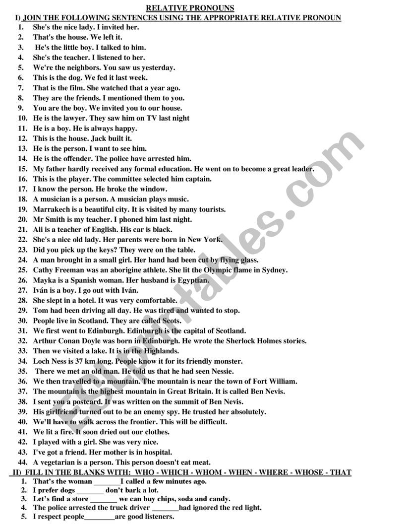 Relative pronouns worksheet worksheet