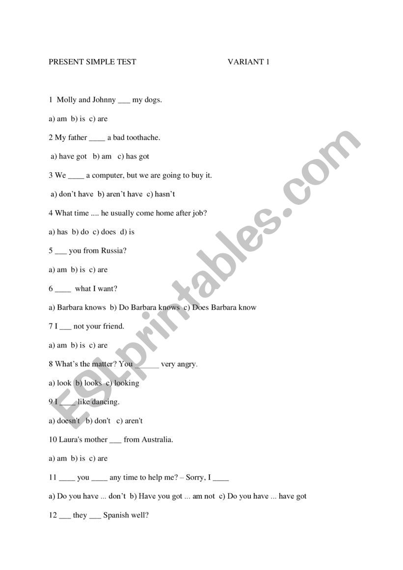 English test present simple worksheet