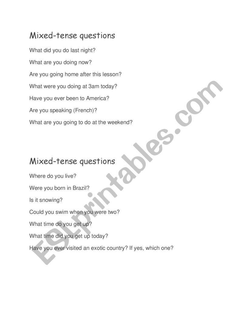 Mixed - tense questions worksheet