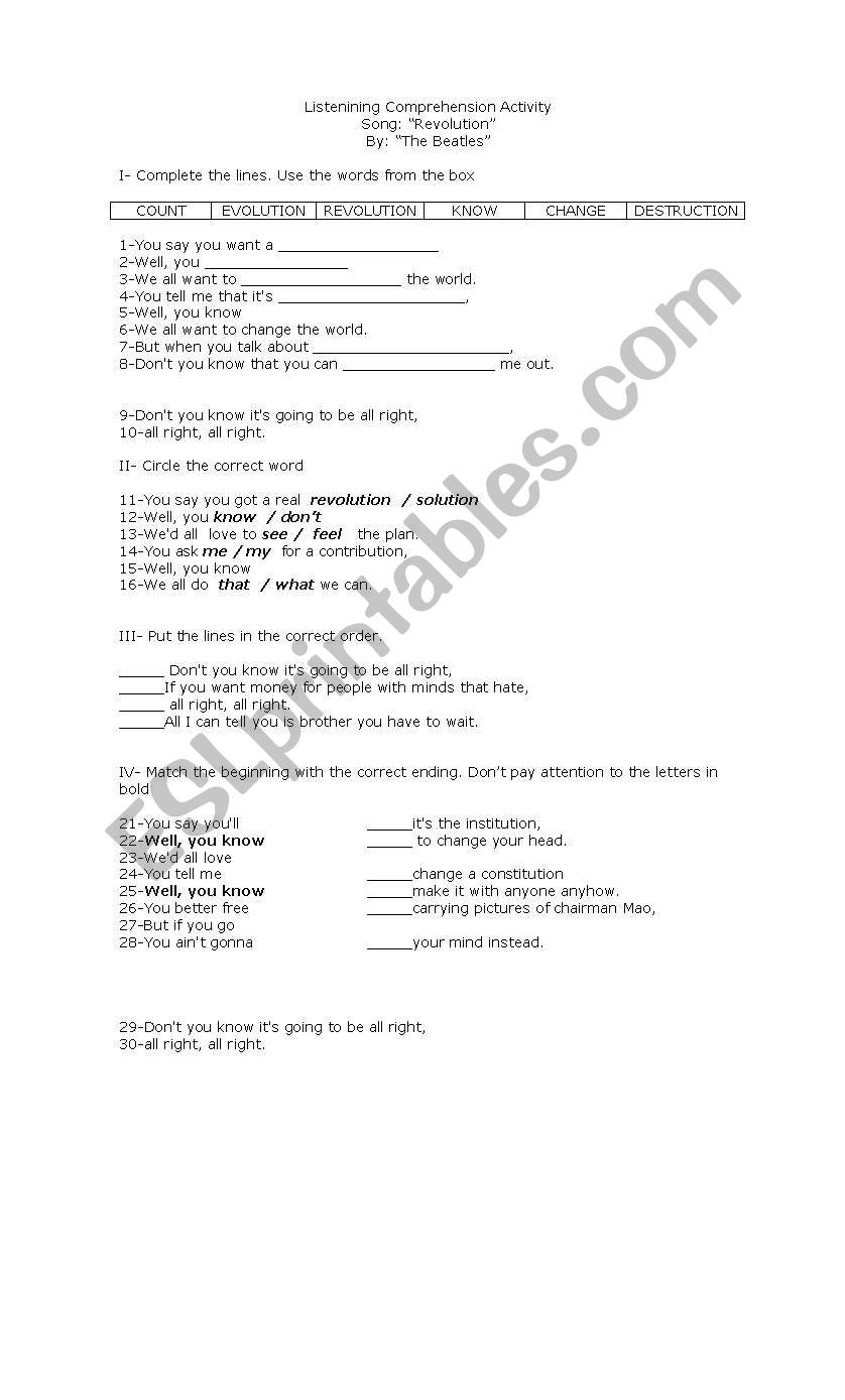 Revolution , by the Beatles worksheet