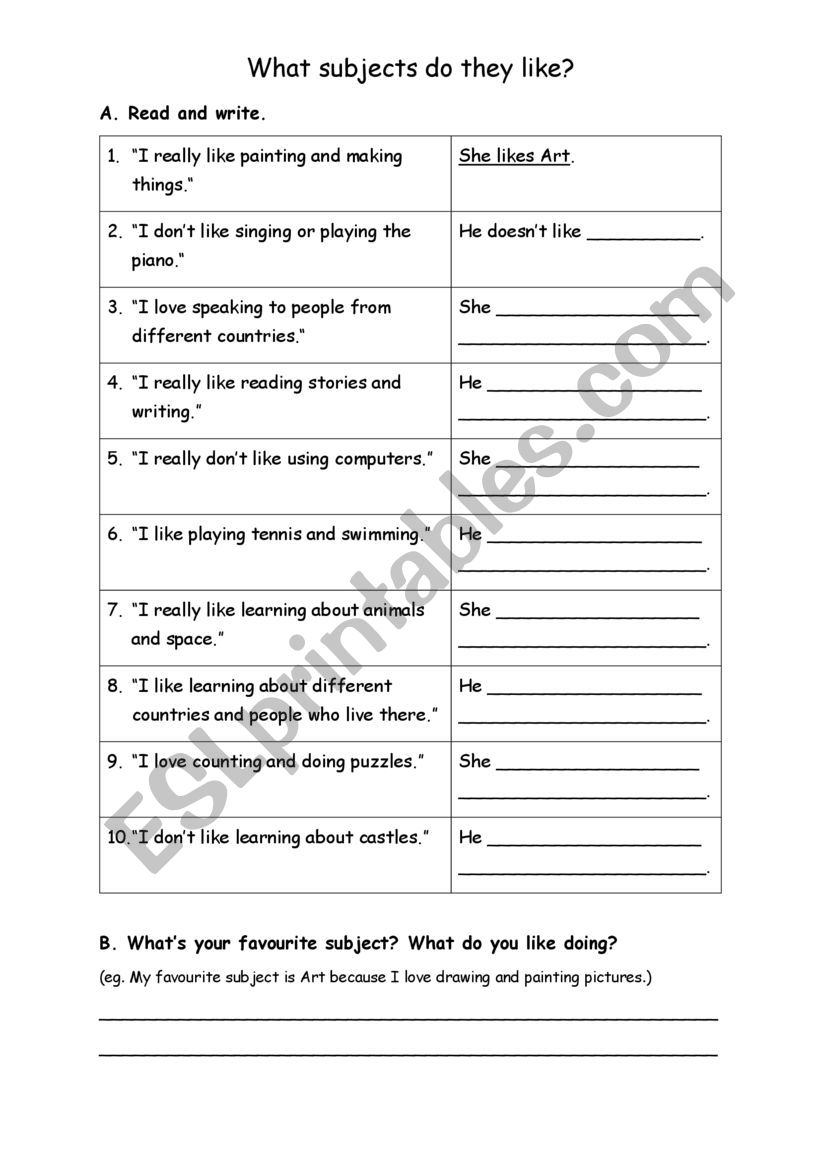 School subjects and like/donï¿½t like - ESL worksheet by REJ8