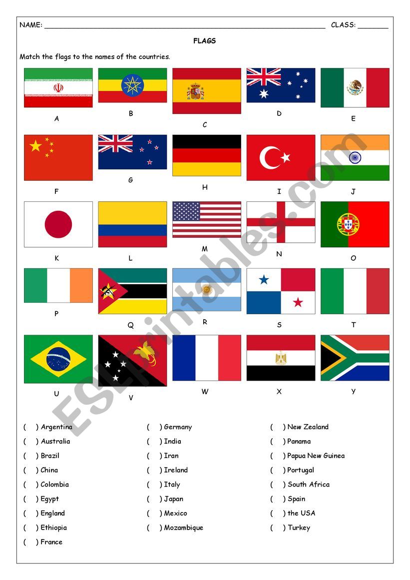 FLAGS COUNTRIES ESL worksheet by jsmdel