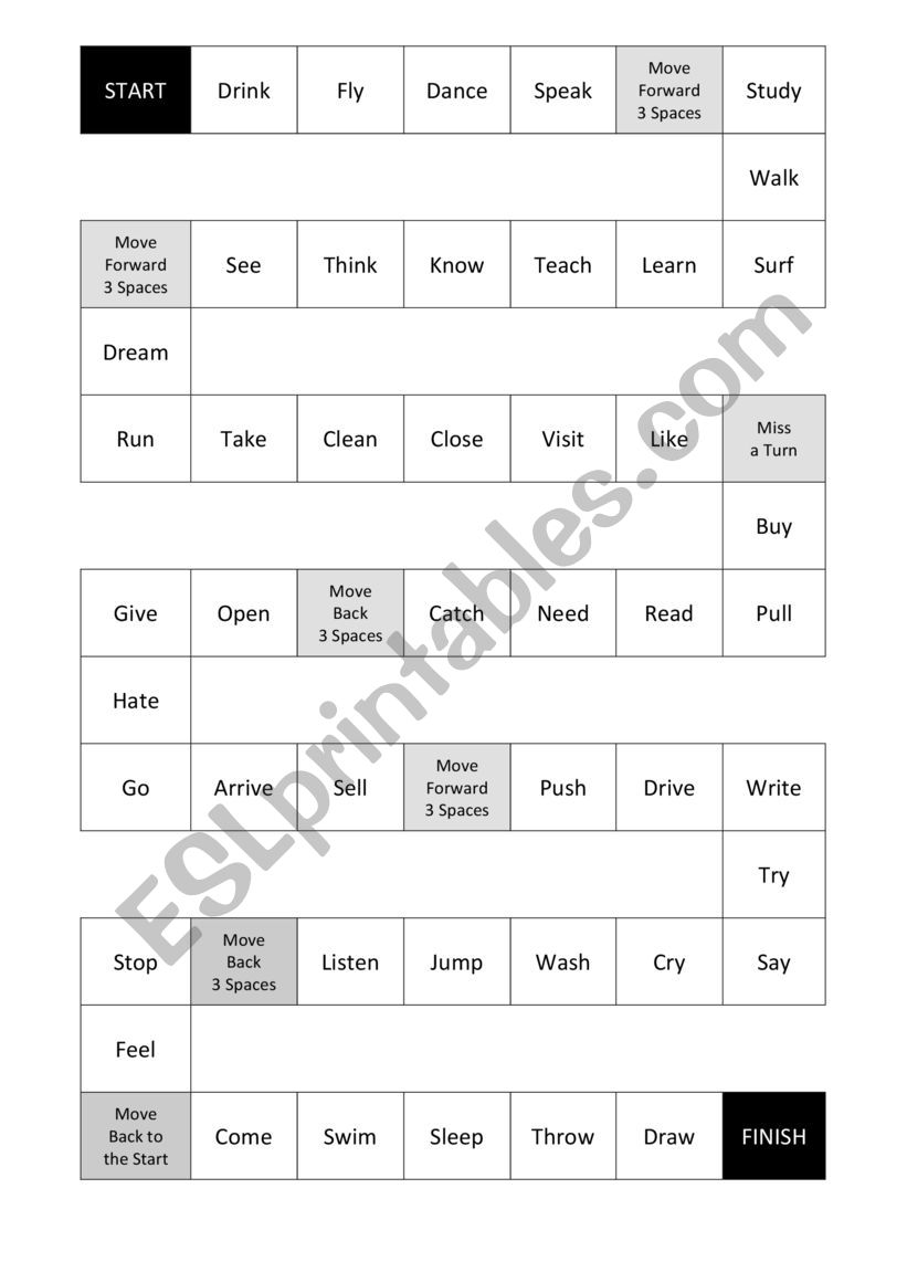 Verb Board Game ESL Worksheet By Rachaelsmith0503