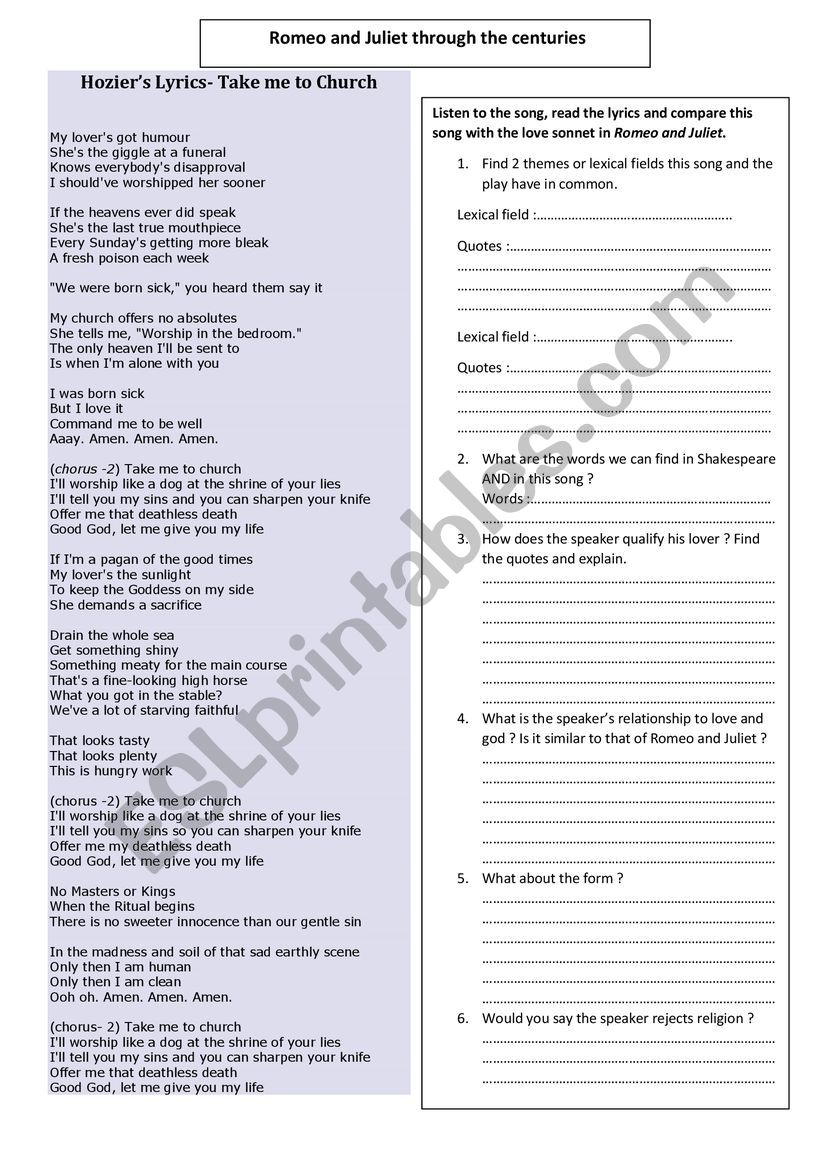 Hozier and Shakespeare worksheet