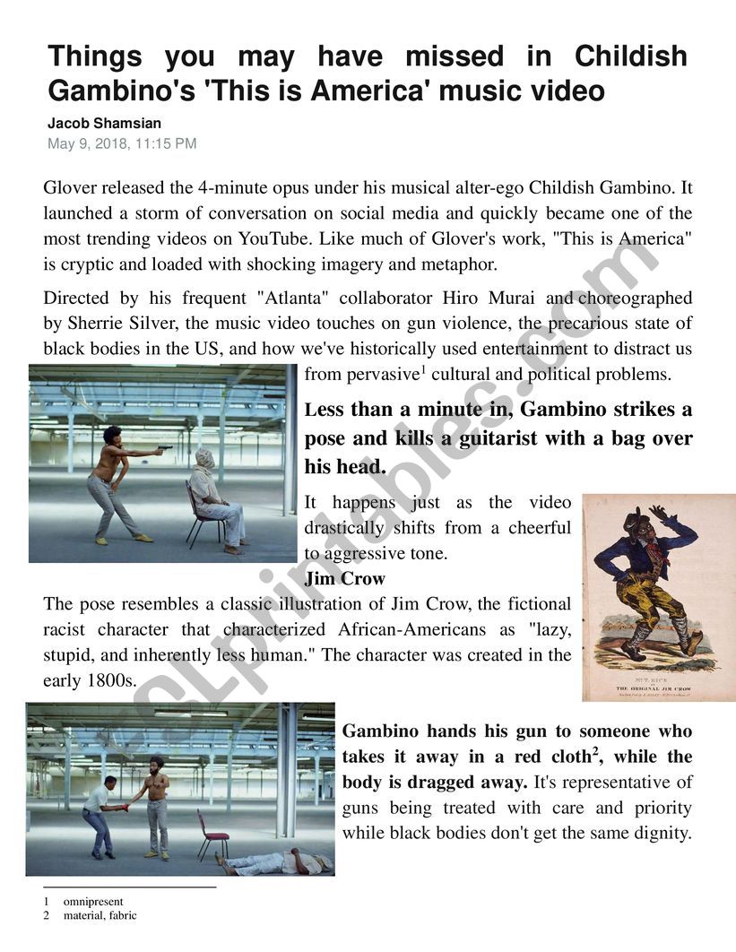 article and worksheet about Childish Gambino This is America