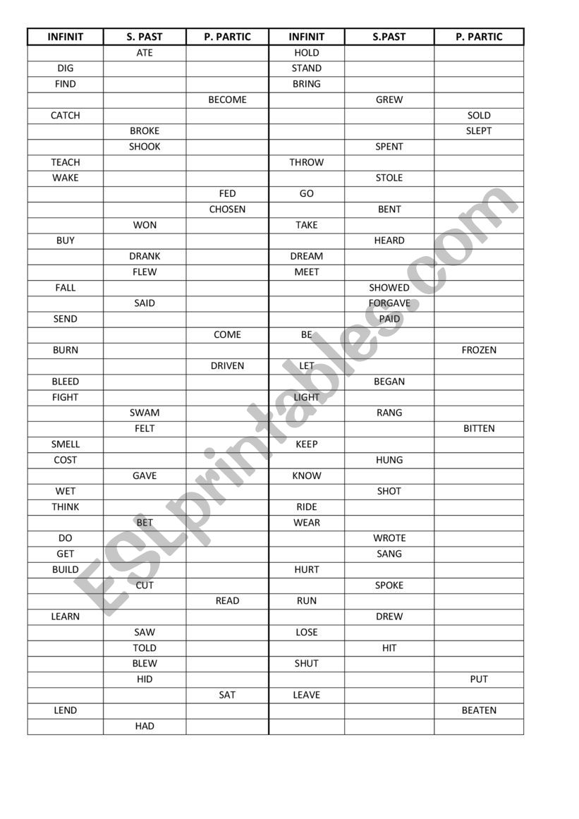 Irregular verbs exam complete worksheet