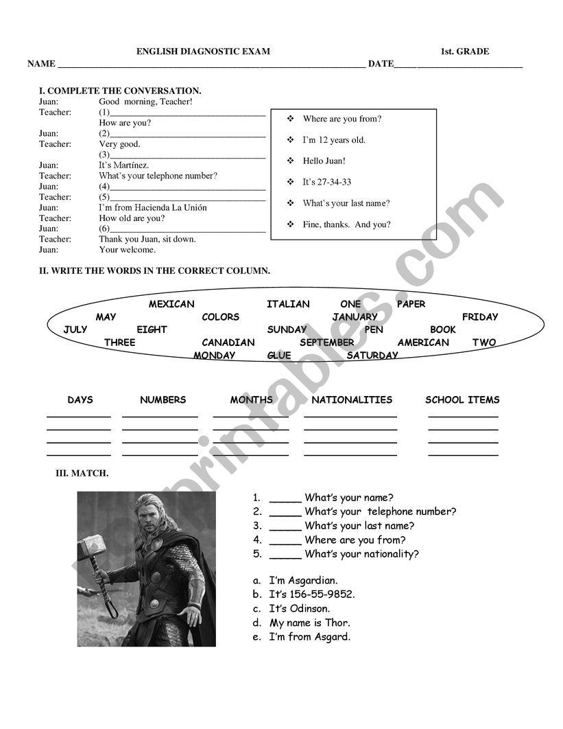 Diagnostic exam A1 students worksheet