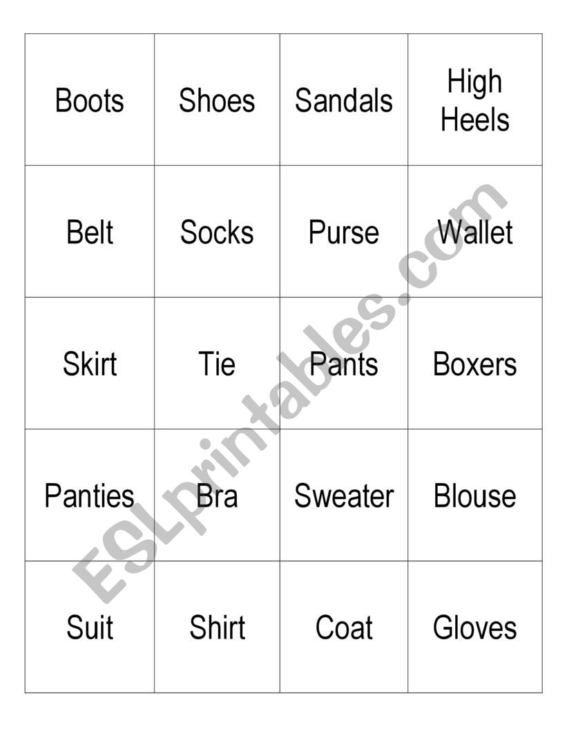 Memory Game--Clothing worksheet