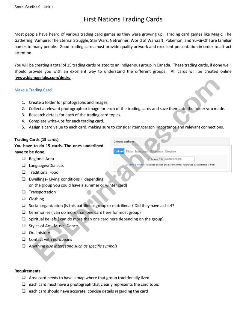 First nations trading cards worksheet