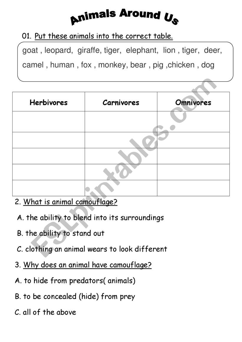 Animals Around Us Esl Worksheet By Rismiya4