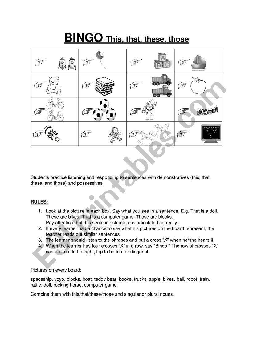 BINGO: This, that, these, those - ESL worksheet by maus