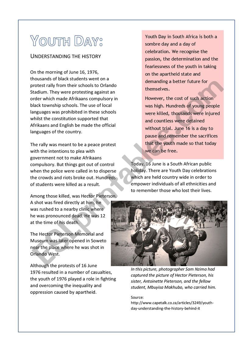 Youth Day in South Africa worksheet