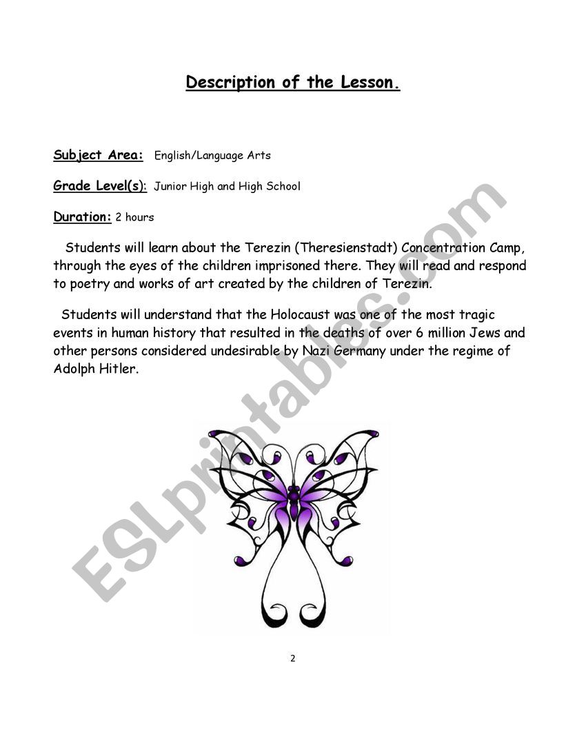 I Never Saw Another Butterfly Esl Worksheet By Nmiddle