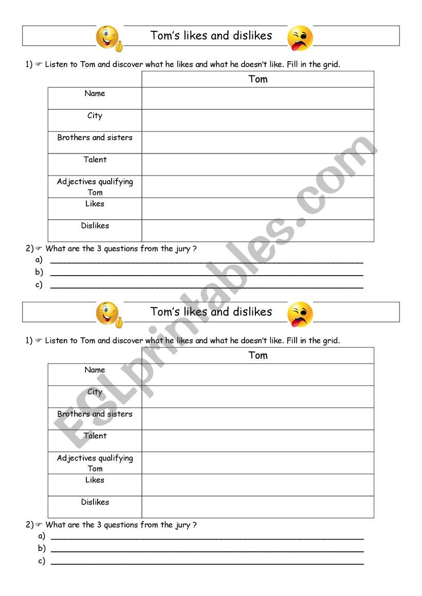 Tom�s likes and dislikes worksheet