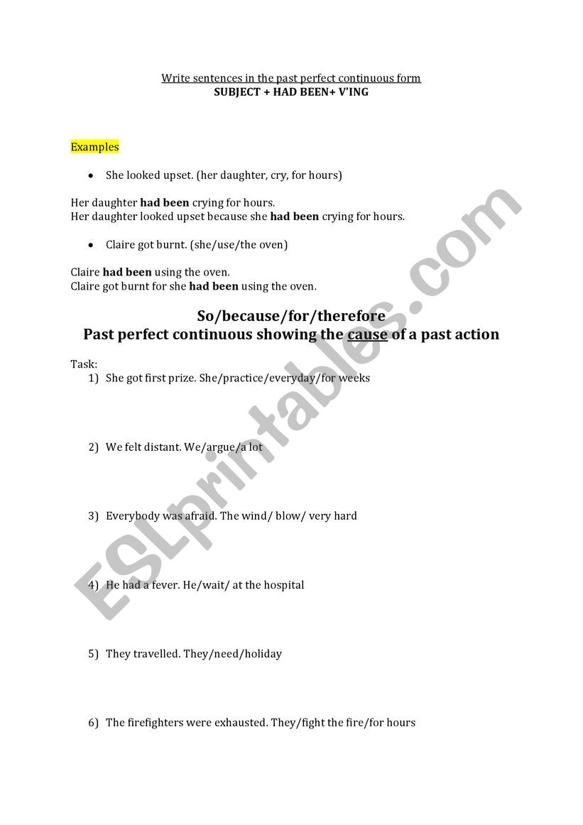 Past Perfect Continuous Tenses worksheet 