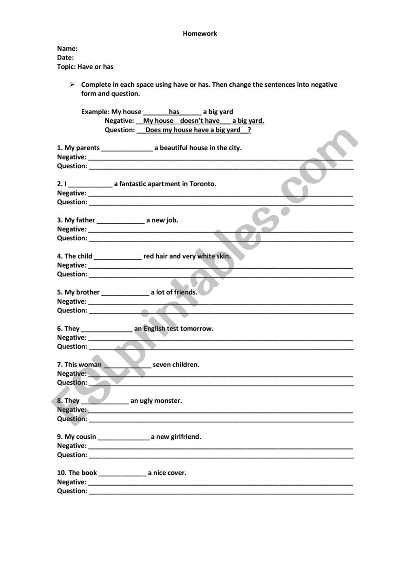 Have - Has worksheet