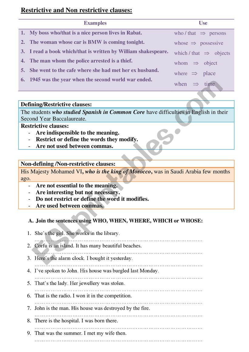 Restrictive And Non restrictive Clauses ESL Worksheet By Nourdine