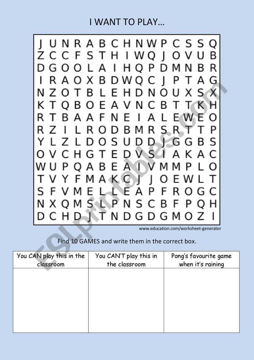 I WANT TO PLAY... worksheet