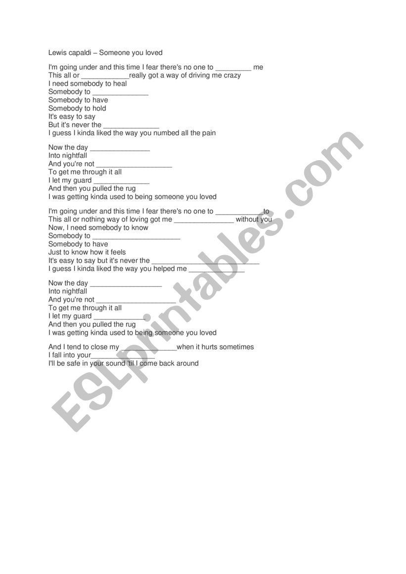 lewis capaldi Somebody you loved - ESL worksheet by k8gr