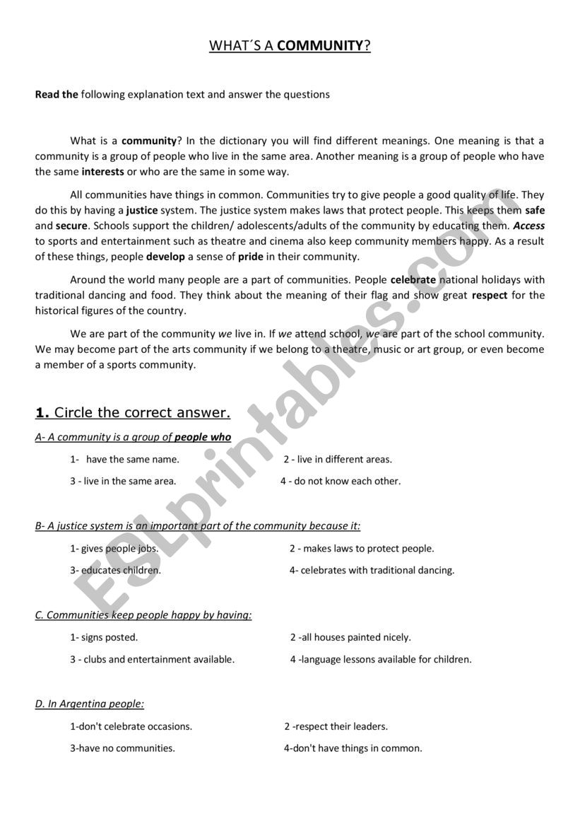 What´s a community? - ESL worksheet by pennylane1424