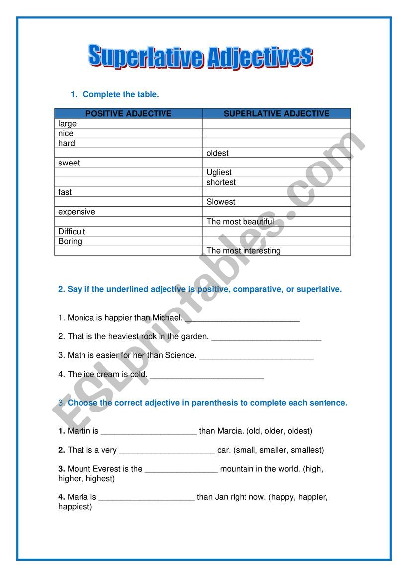 SUPERLATIVES AND COMPARATIVES worksheet