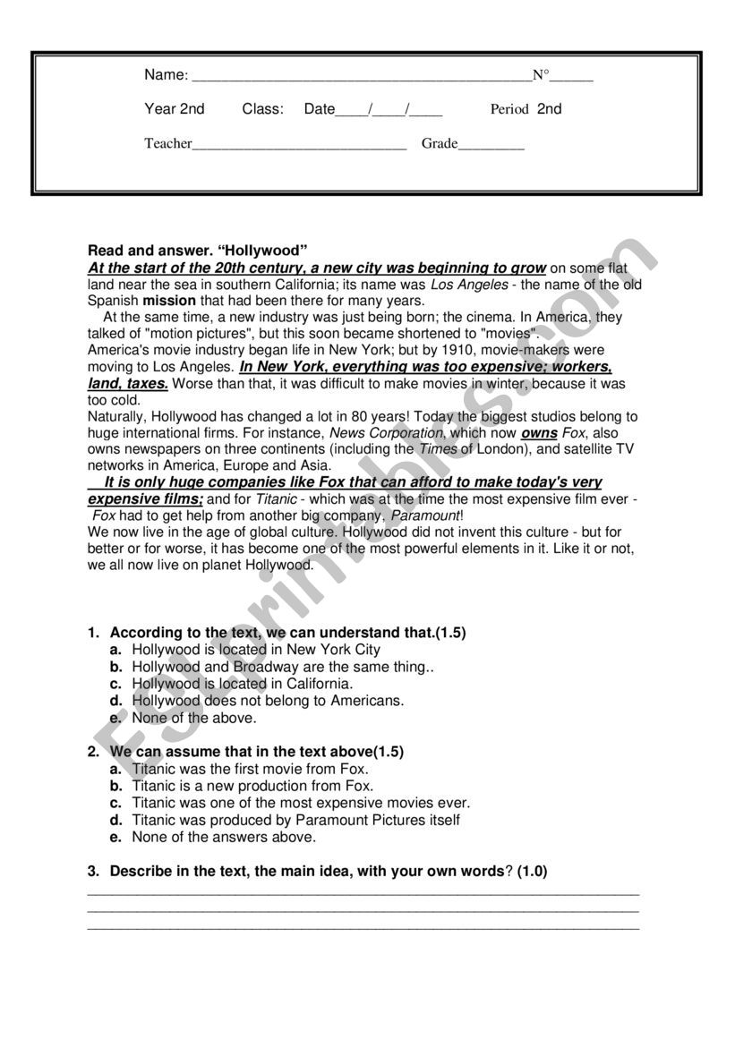 2nd year intermediate test for High School