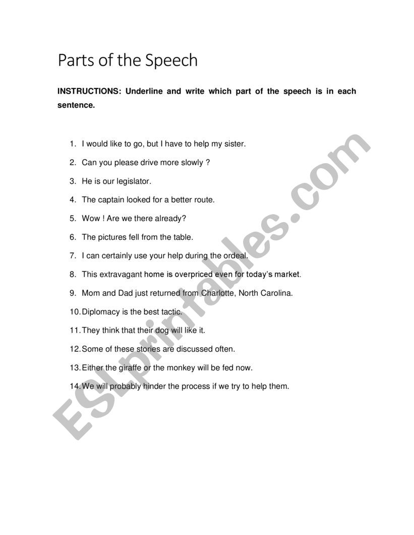 Part of the Speech worksheet