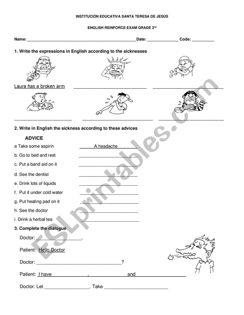 quiz sicknesses and advices worksheet