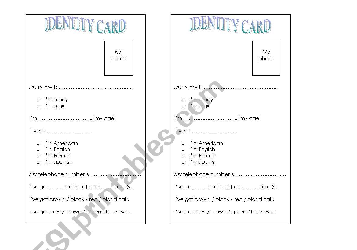 identity card worksheet