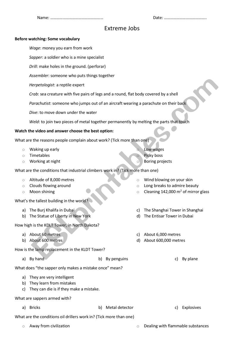 Extreme Jobs Video worksheet