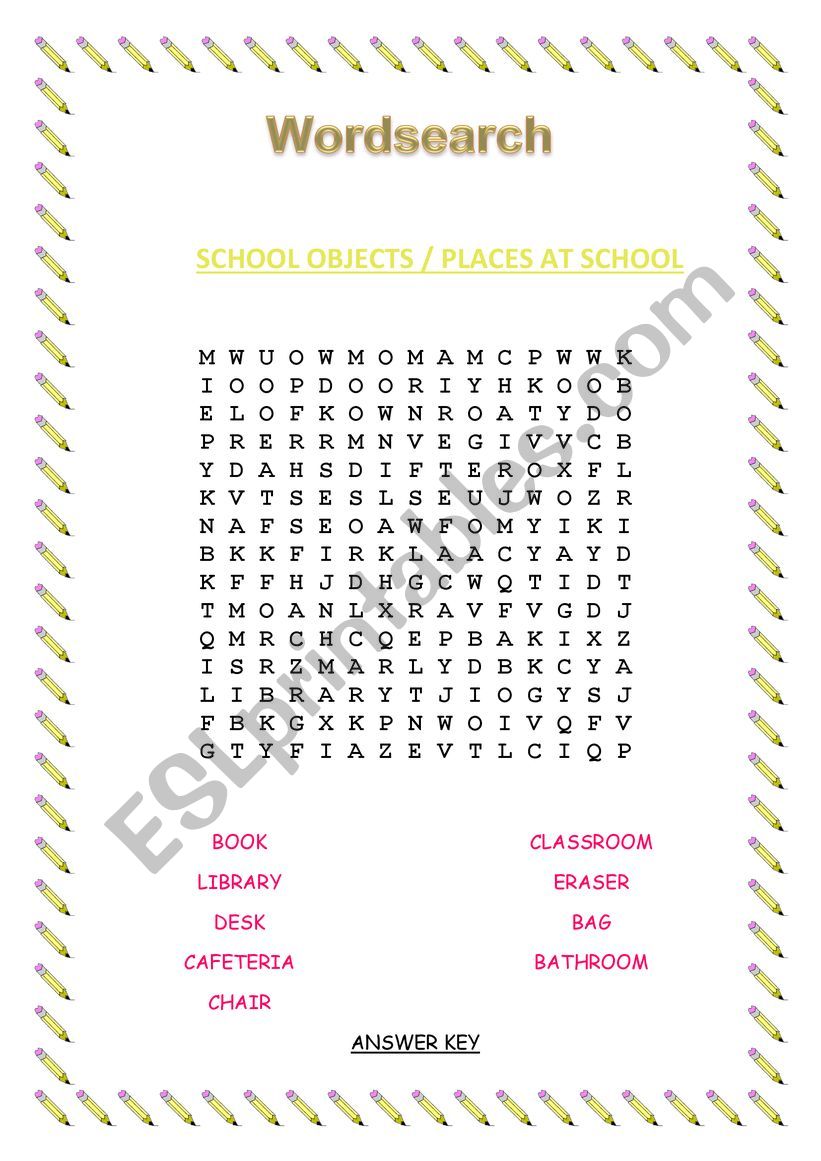 Wordsearch - School (Places and Objects)