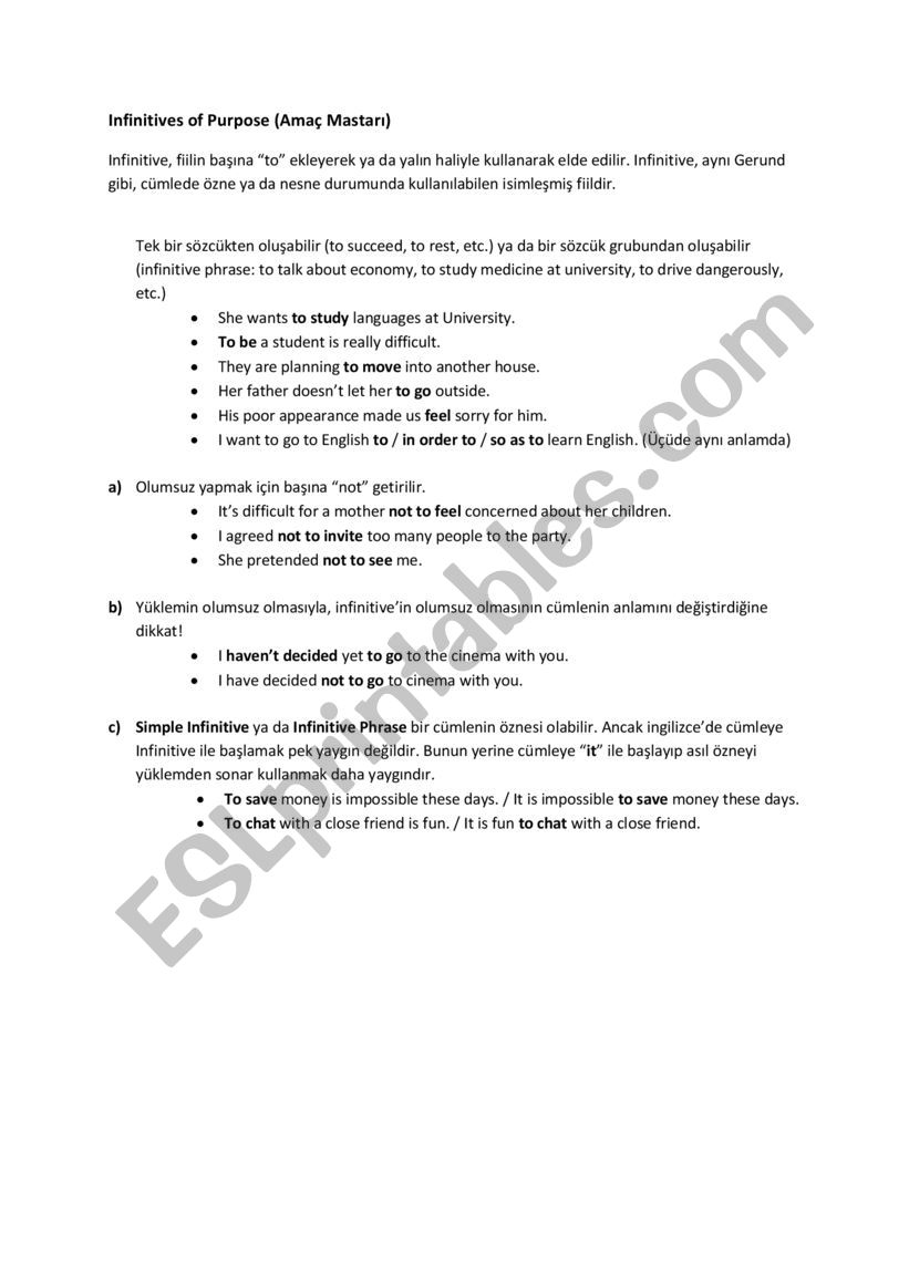 Infinitives of Purpose worksheet