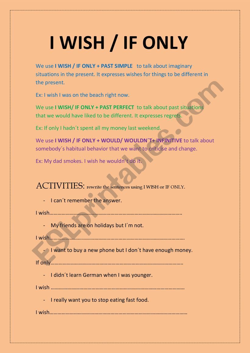 I WISH IF ONLY ESL Worksheet By Elenaledesma