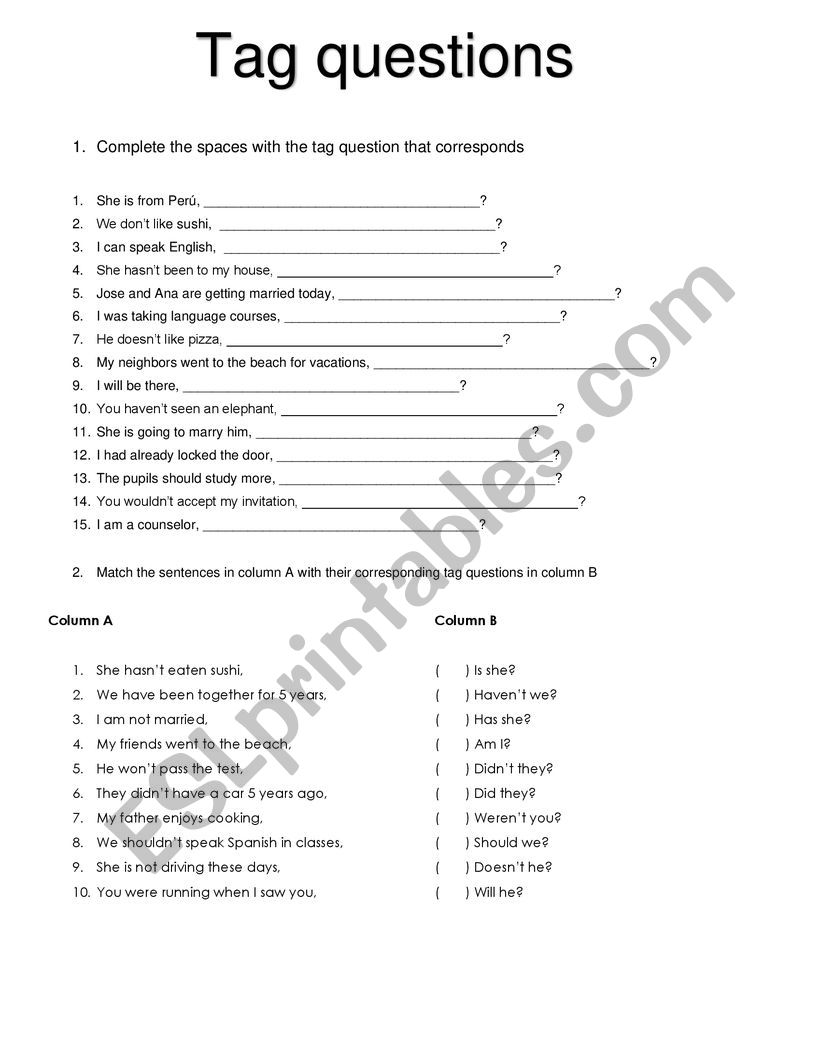 tag questions esl worksheet by carmorso