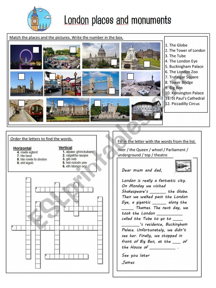 London monuments and places worksheet