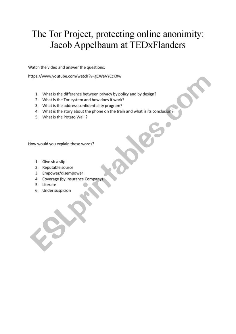 TED Talk TOR PROJECT worksheet