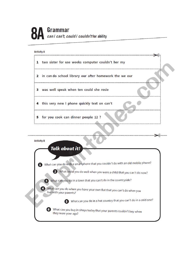 Bingo can can�t worksheet