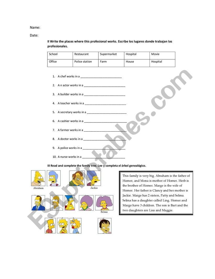 Proffessions and Family worksheet