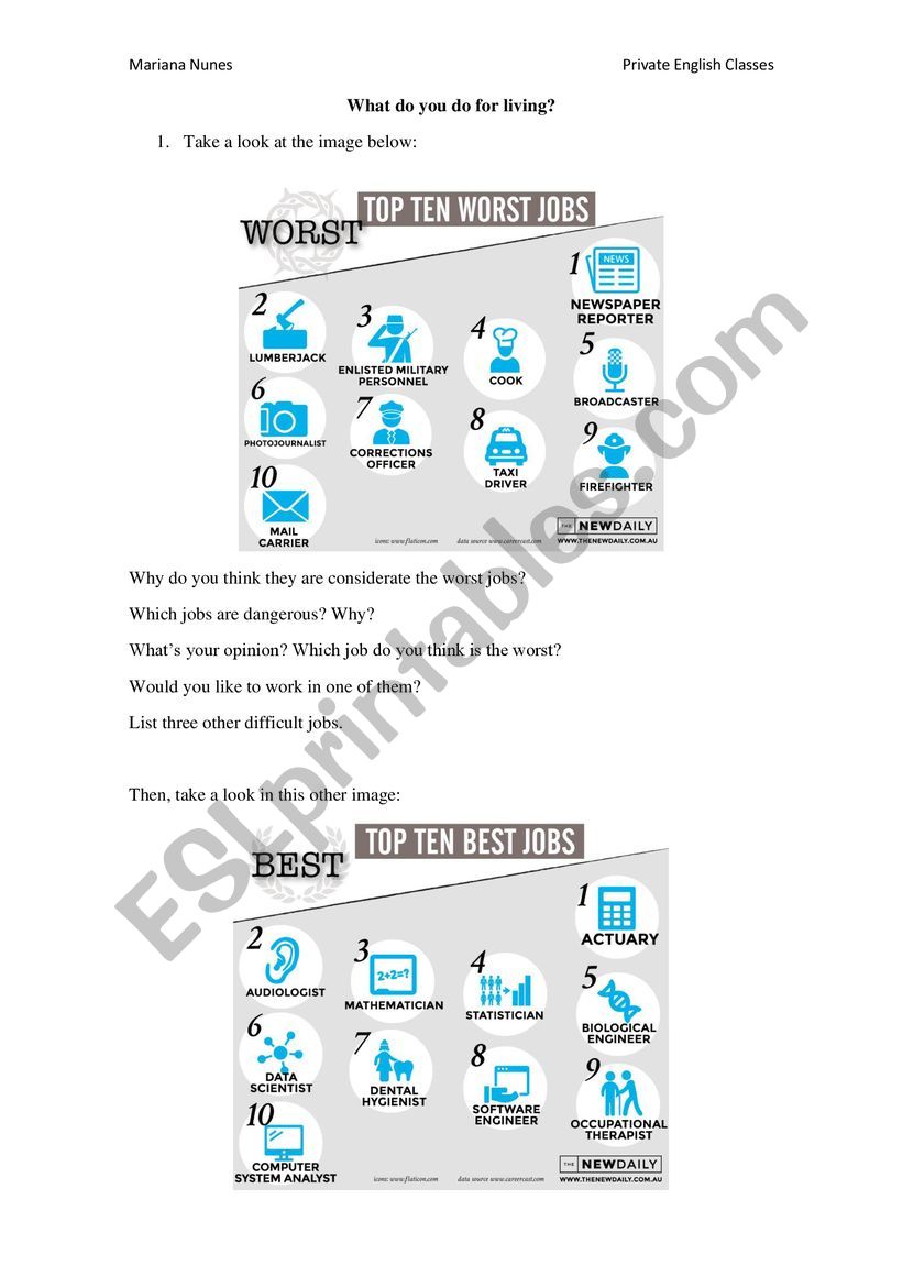 What do you do for living worksheet