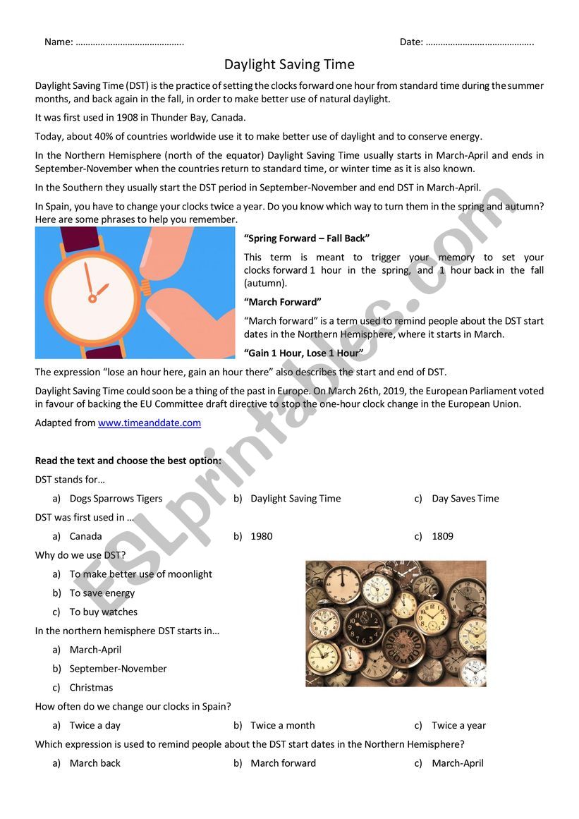 Daylight Saving Time worksheet