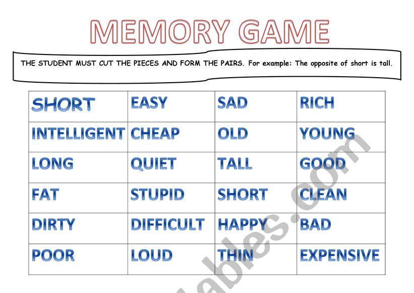 Memory Game Adjectives. - ESL worksheet by sasophia2014