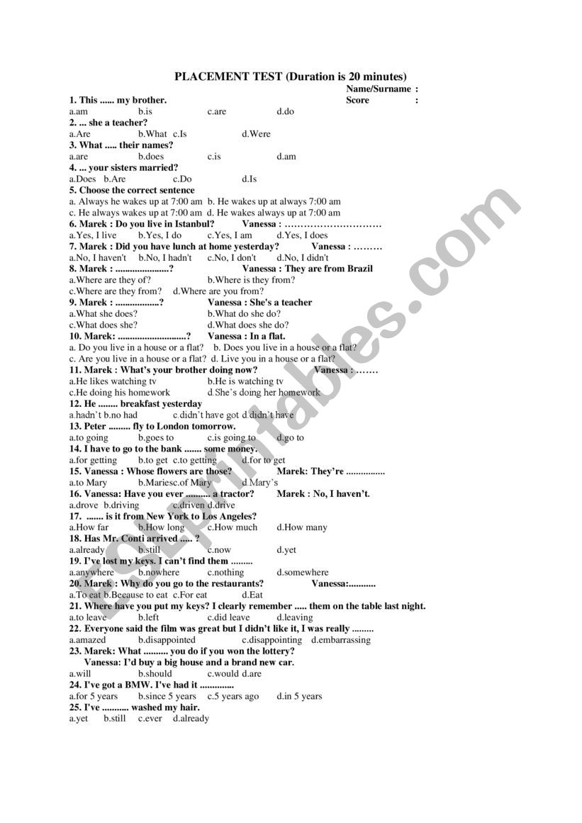 placement test 1 worksheet