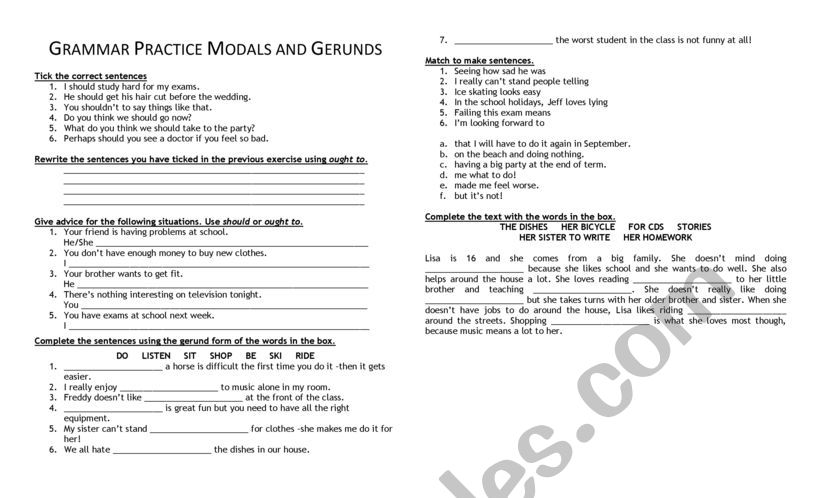 Grammar Practice For Modals Should Ought To And Gerunds Esl Worksheet By 84leandrin