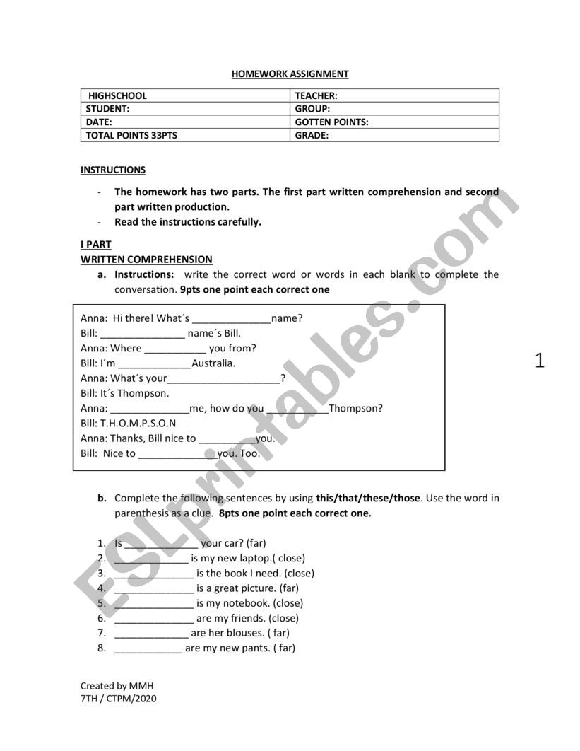 UNIT 1  HERE I AM ! worksheet