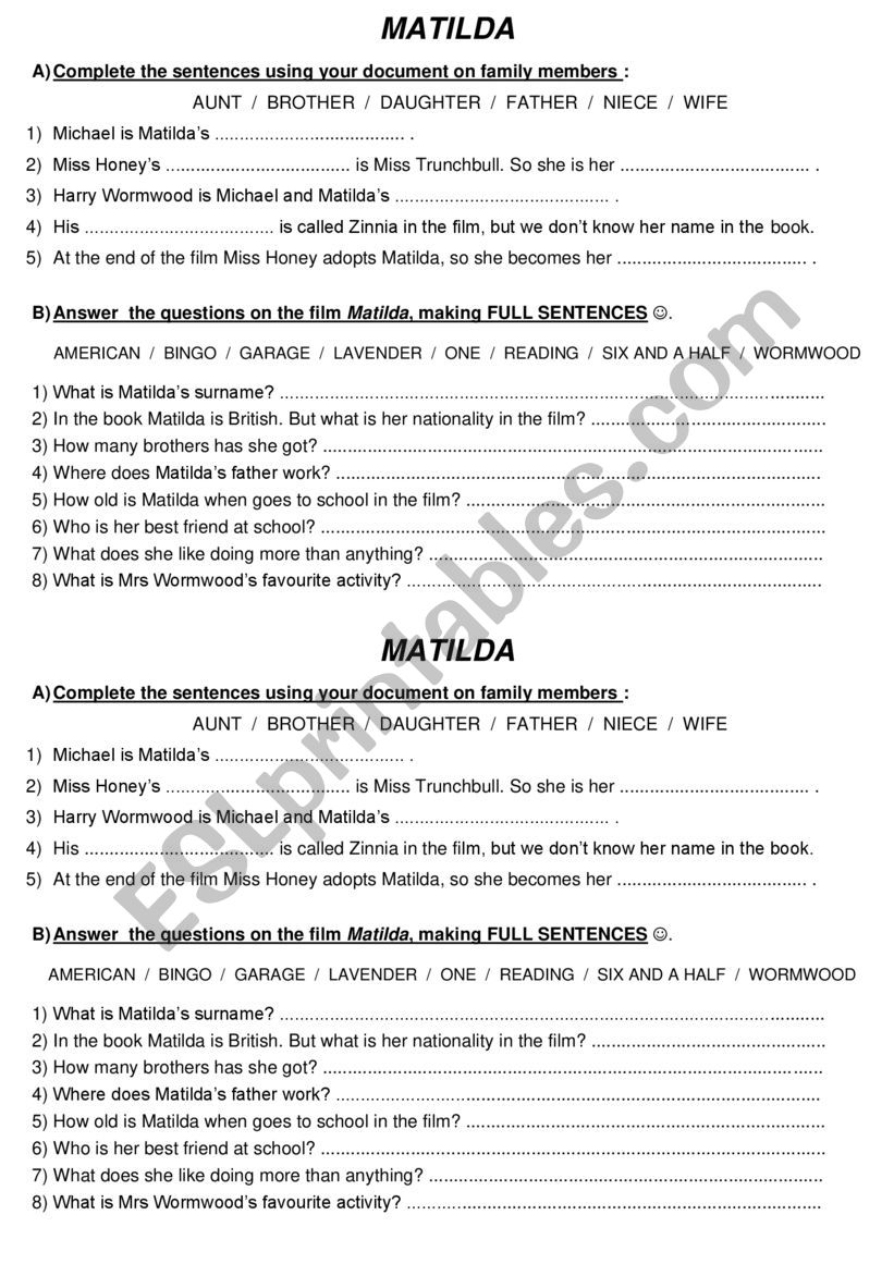 Matilda�s family worksheet