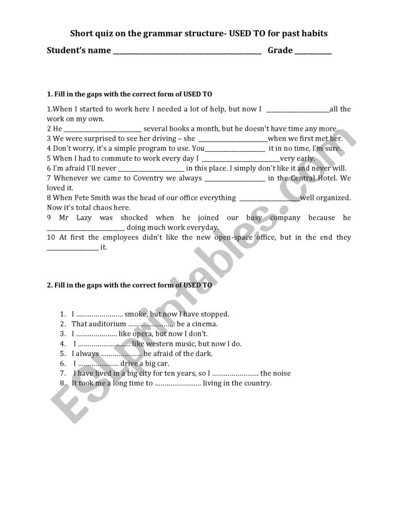 QUIZ on USED TO worksheet