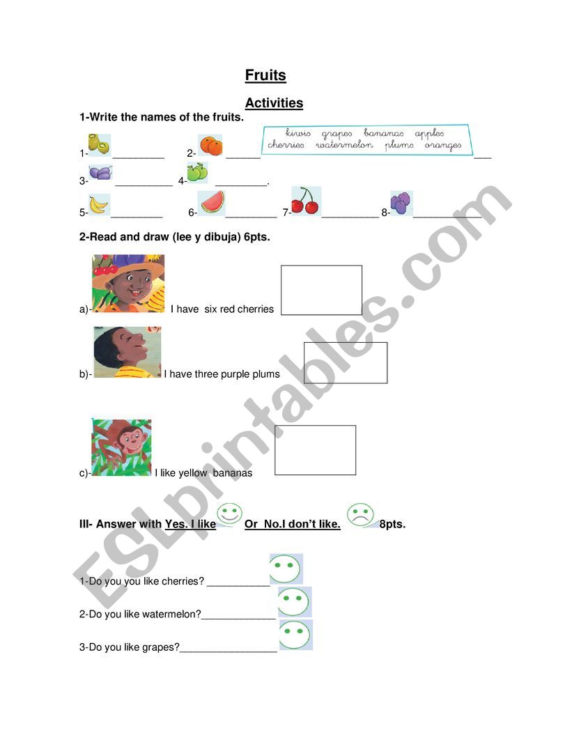 Fruits activities worksheet